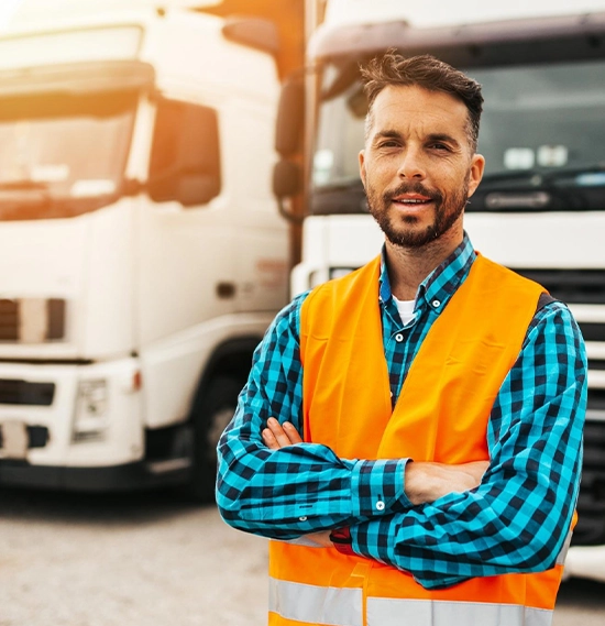 A truck driver with arms crossed, with his vehicle in the background