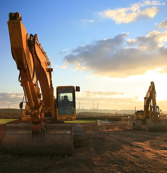 Mining excavator in a construction site