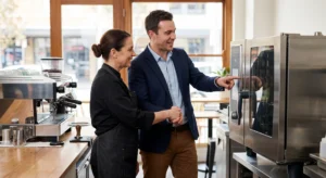 Barista and a customer in a cafe examine a large stainless steel oven, smiling as one points at the control panel.