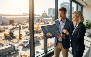 Two corporate finance professionals in a modern office looking at data charts on a tablet, overlooking a construction yard with heavy machinery.