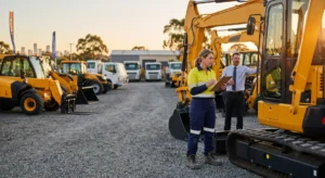 Woman in a high-visibility jacket writes on a clipboard beside a large yellow excavator as a supervisor talks in the background at a construction yard.